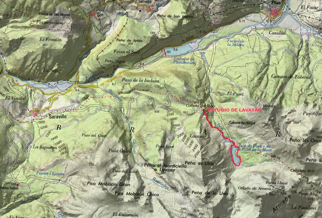 Recorrido y accesos sobre mapa obtenido del I.G.N. Mapa del IGN