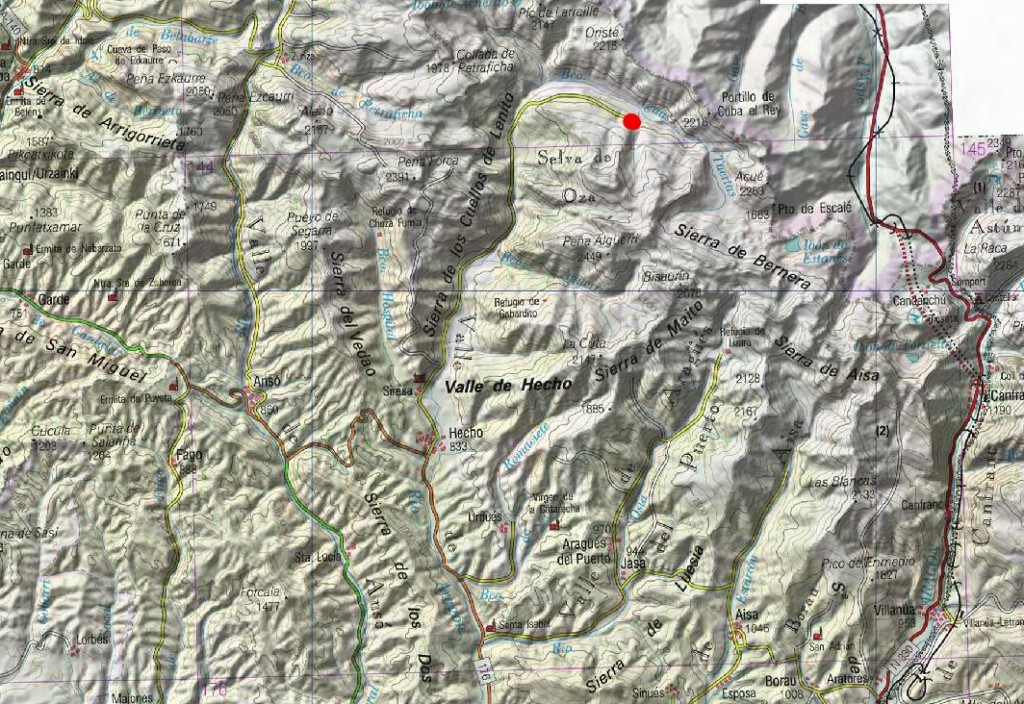 Mapa de la zona obtenido del IGN y punto de inicio de la excursión Aguas tuertas mapa
