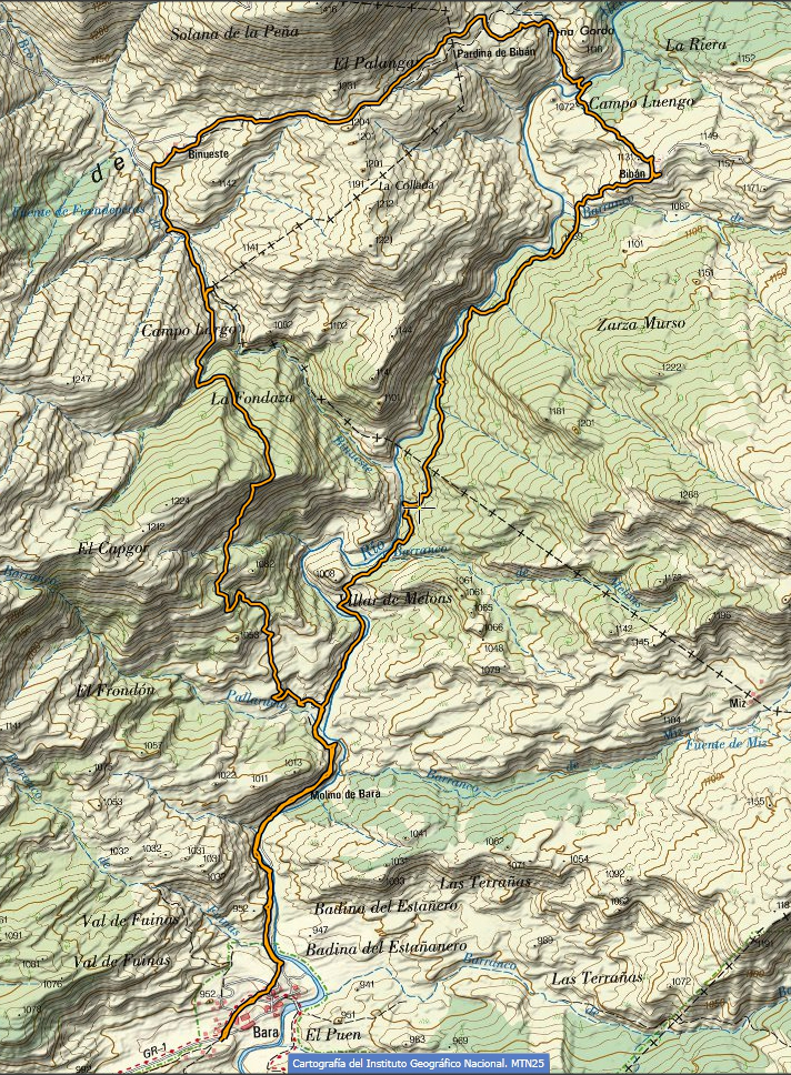 Itinerario sobre mapa del IGN Bara_Biban_Binueste IGN